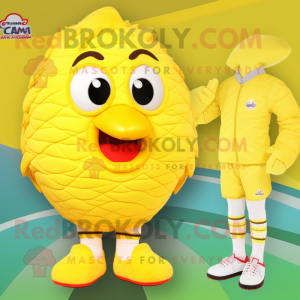 Lemon Yellow Fried Chicken mascot costume character dressed with a Swimwear and Foot pads