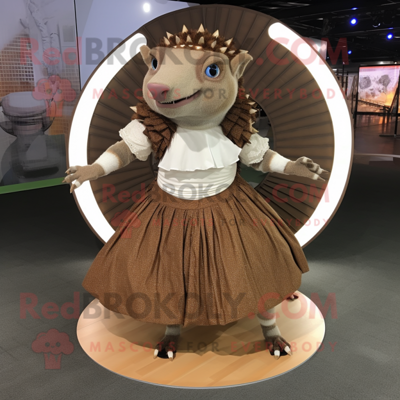 Brown Armadillo mascot costume character dressed with a Circle Skirt and Anklets