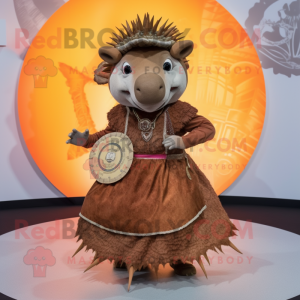 Brown Armadillo mascot costume character dressed with a Circle Skirt and Anklets