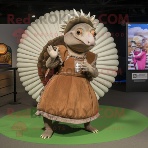 Brown Armadillo mascot costume character dressed with a Circle Skirt and Anklets