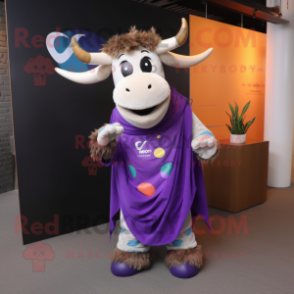 Purple Zebu mascot costume character dressed with a Cardigan and Scarves