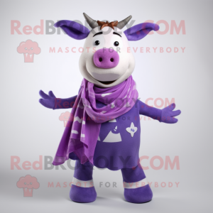 Purple Zebu mascot costume character dressed with a Cardigan and Scarves