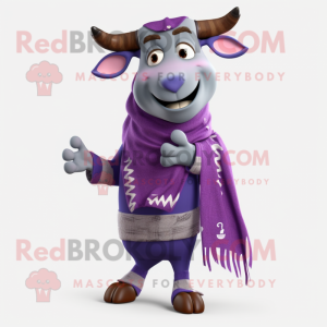 Purple Zebu mascot costume character dressed with a Cardigan and Scarves