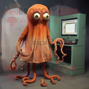 Rust Octopus mascot costume character dressed with a Dress and Shoe laces
