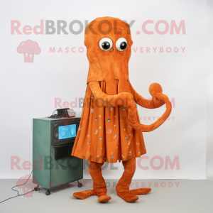 Rust Octopus mascot costume character dressed with a Dress and Shoe laces