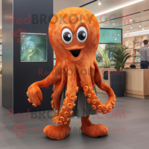 Rust Octopus mascot costume character dressed with a Dress and Shoe laces