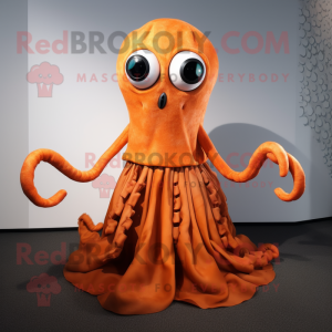 Rust Octopus mascot costume character dressed with a Dress and Shoe laces