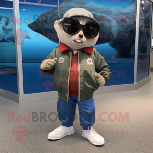 nan Tuna mascot costume character dressed with a Bomber Jacket and Sunglasses