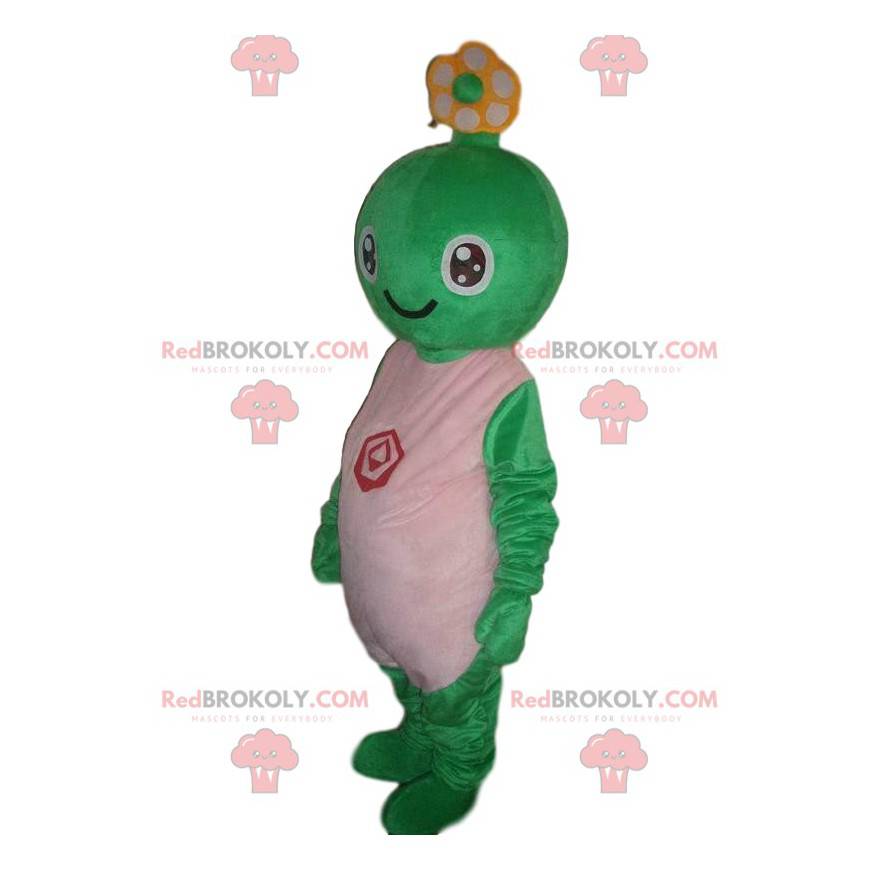 Mascot groen wezen, glimlachend schildpadkostuum -