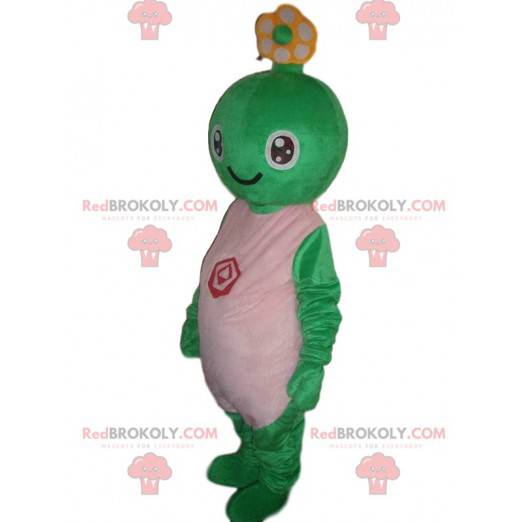 Criatura mascote verde, fantasia de tartaruga sorridente -