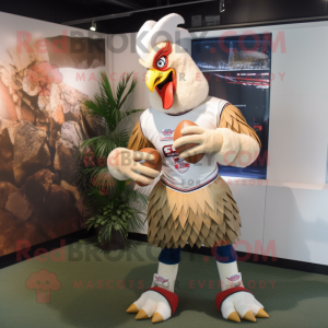 Beige Roosters mascot costume character dressed with a Rugby Shirt and Cummerbunds