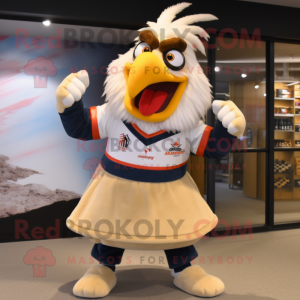 Beige Roosters mascot costume character dressed with a Rugby Shirt and Cummerbunds