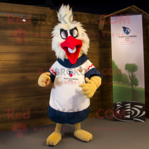 Beige Roosters mascot costume character dressed with a Rugby Shirt and Cummerbunds