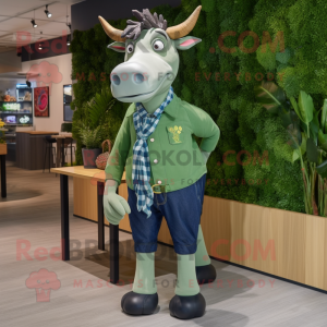Forest Green Zebu mascot costume character dressed with a Chambray Shirt and Brooches
