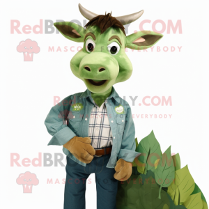 Forest Green Zebu mascot costume character dressed with a Chambray Shirt and Brooches