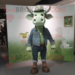 Forest Green Zebu mascot costume character dressed with a Chambray Shirt and Brooches