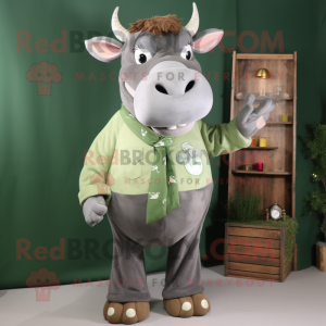 Forest Green Zebu mascot costume character dressed with a Chambray Shirt and Brooches