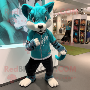 Turquoise Civet mascot costume character dressed with a Joggers and Earrings