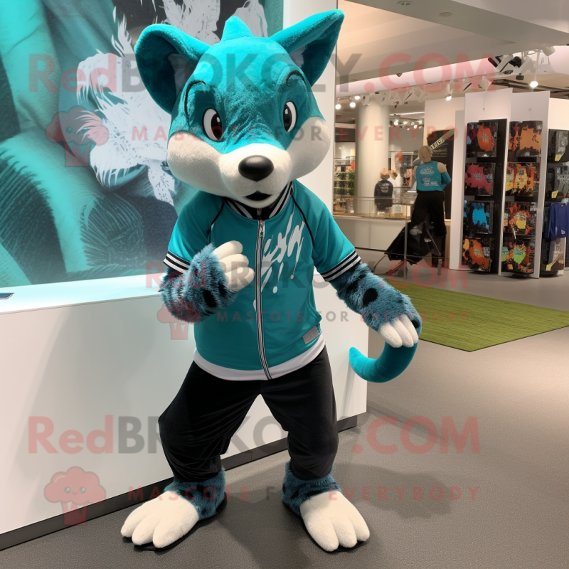 Turquoise Civet mascot costume character dressed with a Joggers and Earrings Turquoise Civet mascot costume character dressed with a Joggers and Earrings