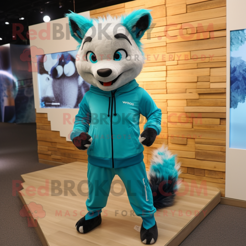Turquoise Civet mascot costume character dressed with a Joggers and Earrings Turquoise Civet mascot costume character dressed with a Joggers and Earrings