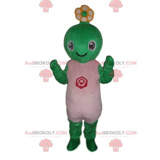 Mascota criatura verde, disfraz de tortuga sonriente -