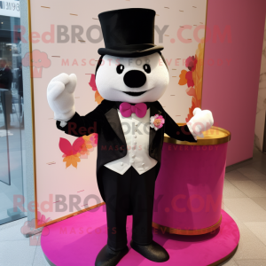 Magenta Dim Sum mascot costume character dressed with a Tuxedo and Cufflinks