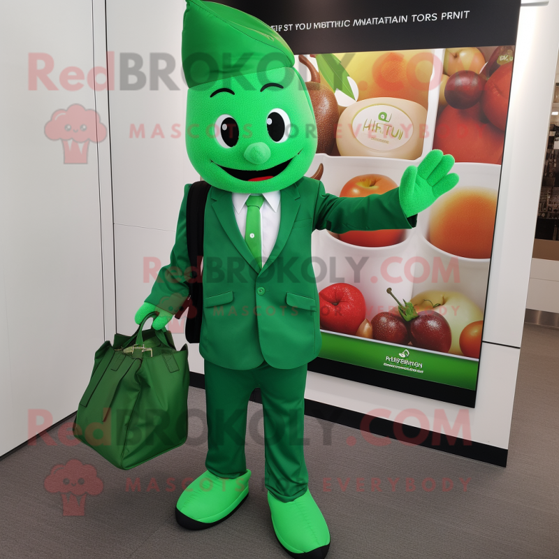 Green Tikka Masala mascot costume character dressed with a Suit Jacket and Tote bags