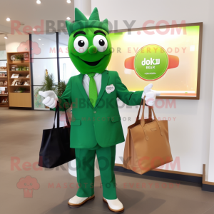 Green Tikka Masala mascot costume character dressed with a Suit Jacket and Tote bags