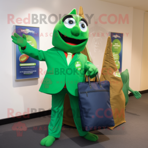 Green Tikka Masala mascot costume character dressed with a Suit Jacket and Tote bags