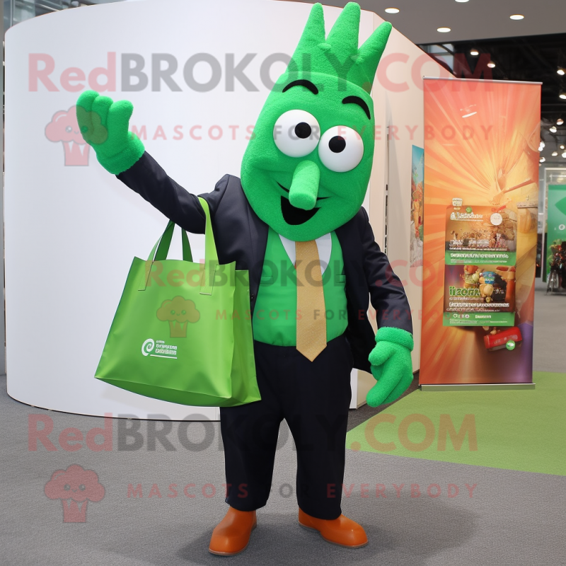 Green Tikka Masala mascot costume character dressed with a Suit Jacket and Tote bags Green Tikka Masala mascot costume character dressed with a Suit Jacket and Tote bags