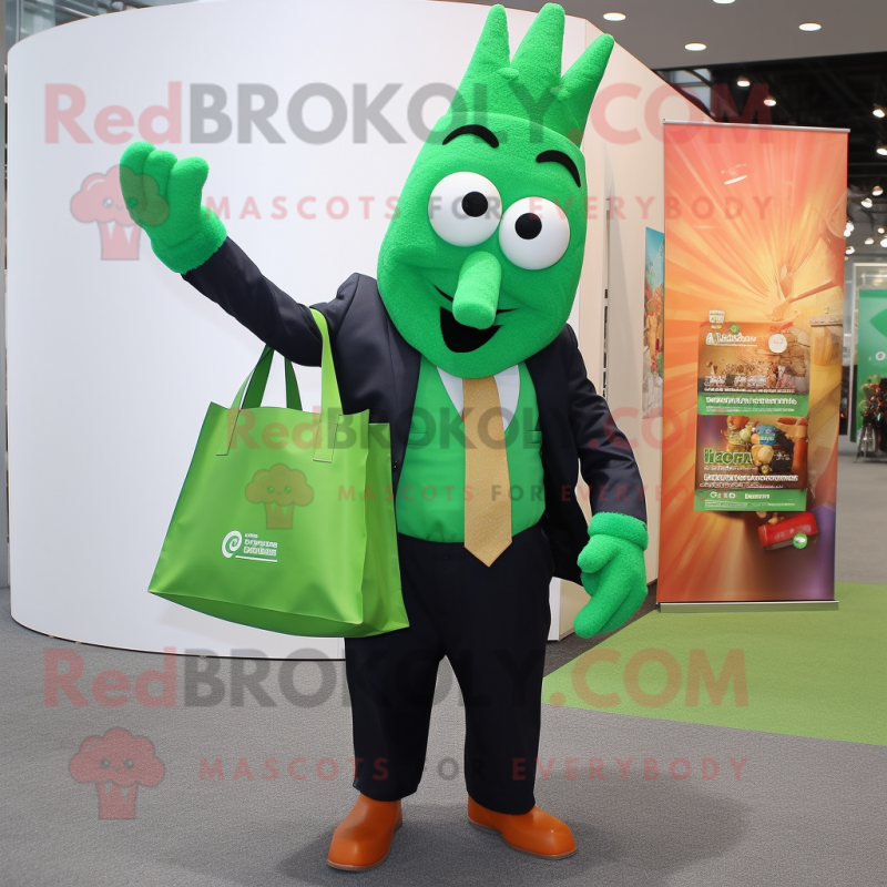 Green Tikka Masala mascot costume character dressed with a Suit Jacket and Tote bags