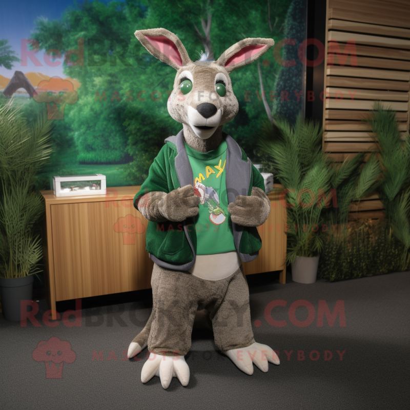 Forest Green Kangaroo mascot costume character dressed with a Cardigan and Keychains Forest Green Kangaroo mascot costume character dressed with a Cardigan and Keychains