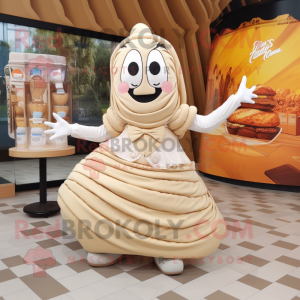 Cream Croissant mascot costume character dressed with a Pleated Skirt and Handbags