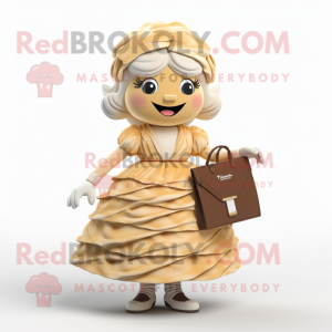 Cream Croissant mascot costume character dressed with a Pleated Skirt and Handbags