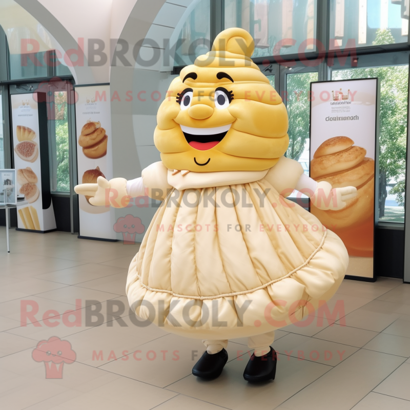 Cream Croissant mascot costume character dressed with a Pleated Skirt and Handbags