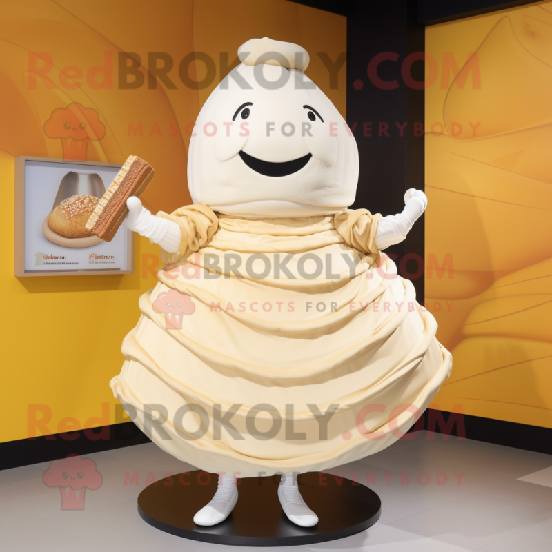 Cream Croissant mascot costume character dressed with a Pleated Skirt and Handbags