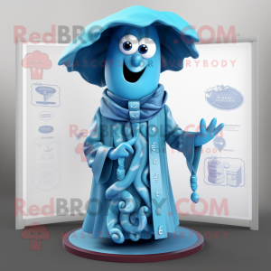 Sky Blue Medusa mascot costume character dressed with a Raincoat and Pocket squares