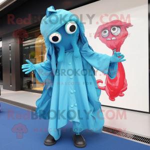 Sky Blue Medusa mascot costume character dressed with a Raincoat and Pocket squares