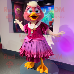 Magenta Gosling mascot costume character dressed with a Wrap Skirt and Brooches