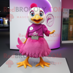 Magenta Gosling mascot costume character dressed with a Wrap Skirt and Brooches