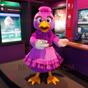 Magenta Gosling mascot costume character dressed with a Wrap Skirt and Brooches