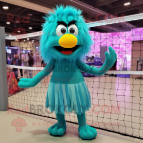 Teal Volleyball Net mascot costume character dressed with a Skirt and Foot pads