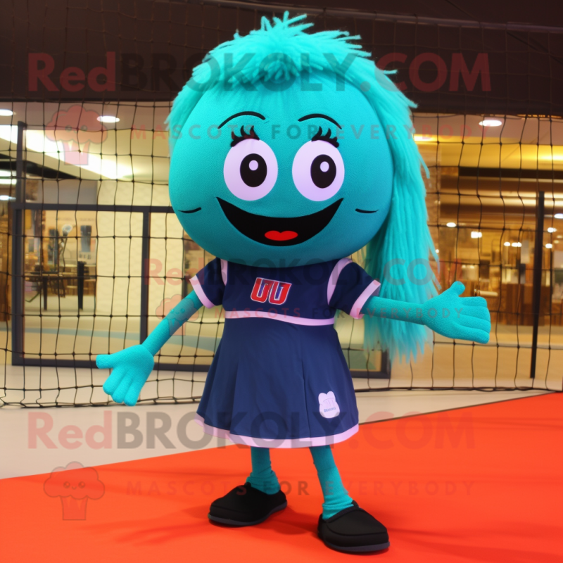 Teal Volleyball Net mascot costume character dressed with a Skirt and Foot pads Teal Volleyball Net mascot costume character dressed with a Skirt and Foot pads