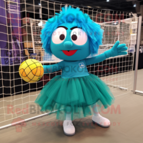 Teal Volleyball Net mascot costume character dressed with a Skirt and Foot pads