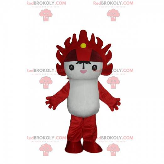 Mascota de personaje manga blanco y rojo, traje manga -