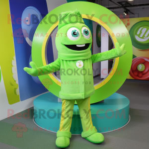 Lime Green Momentum mascot costume character dressed with a Cardigan and Rings