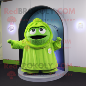 Lime Green Momentum mascot costume character dressed with a Cardigan and Rings