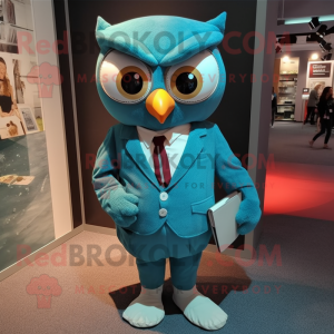 Teal Owl mascot costume character dressed with a Suit and Pocket squares