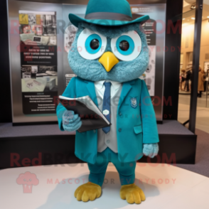 Teal Owl mascot costume character dressed with a Suit and Pocket squares