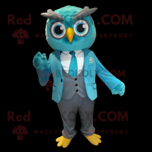 Teal Owl mascot costume character dressed with a Suit and Pocket squares
